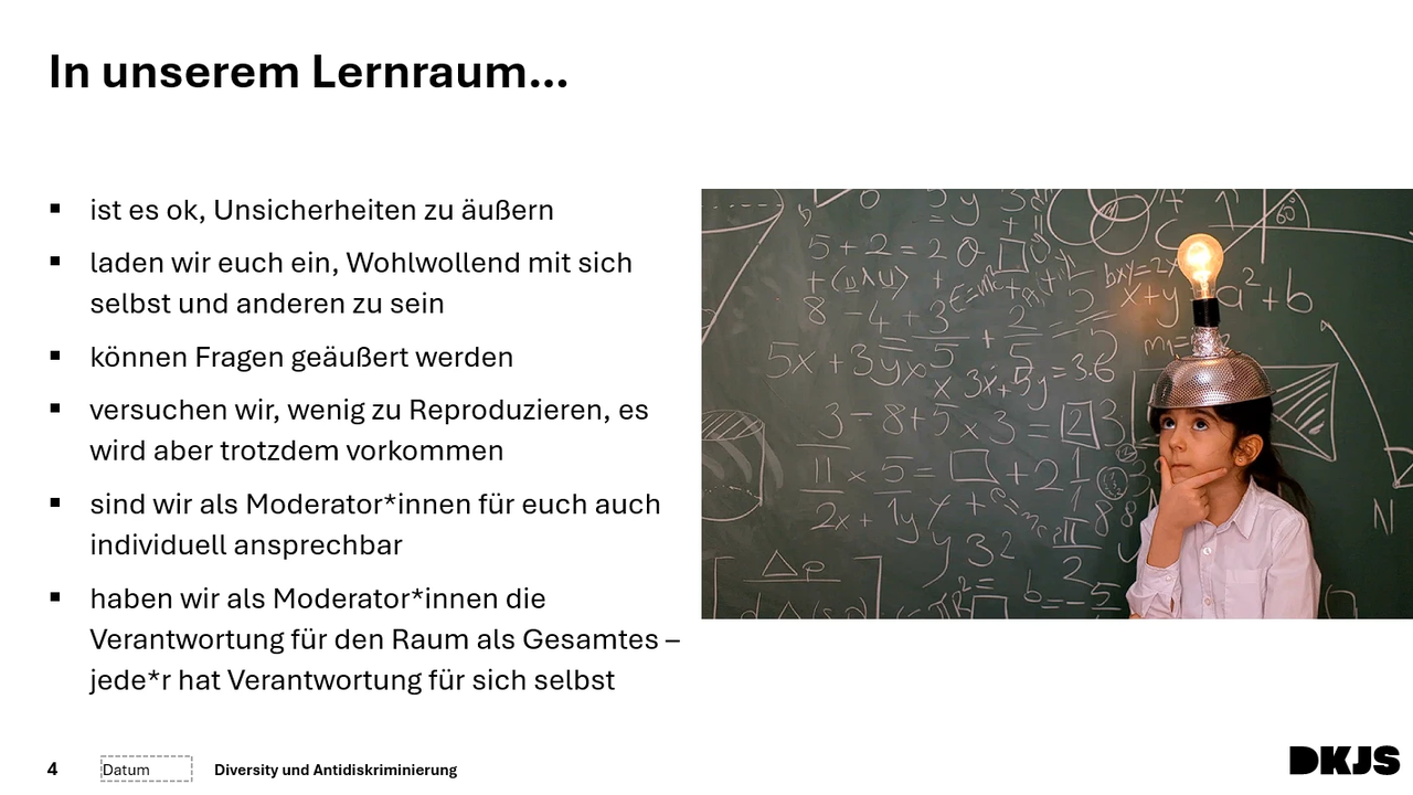 Seminarfolie der DKJS mit Vereinbarungen für den gemeinsamen Lernraum.