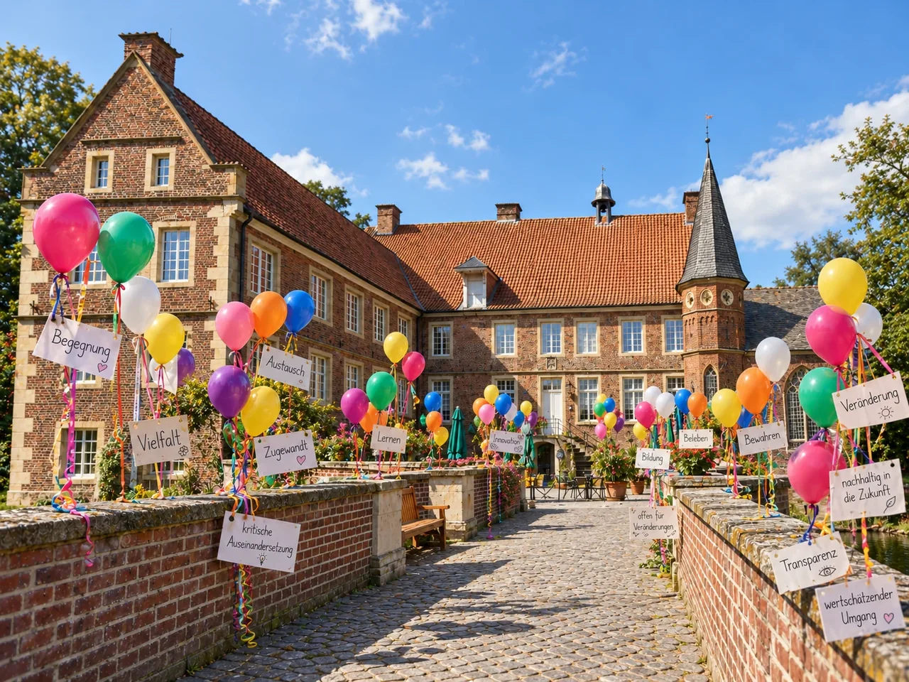 Illustrierter Burghof mit bunten Ballons und beschrifteten Karten.