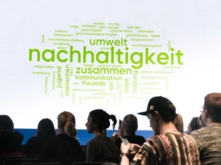 Teilnehmende einer Jugendkonferenz sitzen vor einer projizierten Wortwolke zu Nachhaltigkeit.